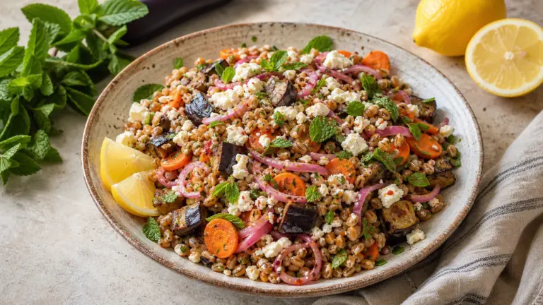 Farrosalat mit Aubergine, Karotten und Feta